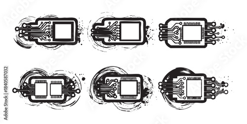 Abstract circuit board components with brush stroke elements creating a dynamic and modern digital technology illustration set, perfect for various tech-related designs.