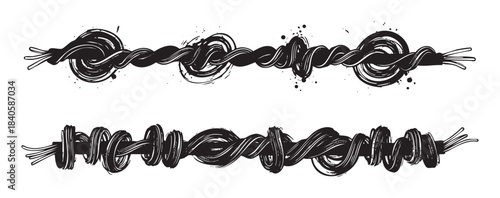 Abstract twisted ropes in a grunge style with ink splatters create a decorative hand-drawn border element for graphic design projects.