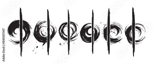 Abstract brushstroke designs featuring a series of black hand-drawn circles and vertical lines with ink splatters, creating a modern artistic pattern.