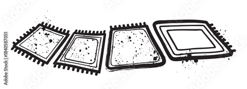 Four distressed black and white rectangular rugs with fringe are arranged diagonally, showcasing a unique artistic style with ink splatters.