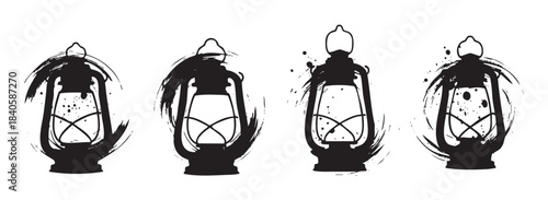 Four vintage oil lamps with a unique distressed brushstroke effect, creating an artistic and rustic illustration perfect for various design projects and themes.