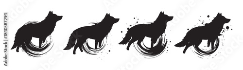 Four black wolf dog animal silhouettes are depicted in a dynamic artistic brushstroke style, creating a powerful and expressive graphic illustration.