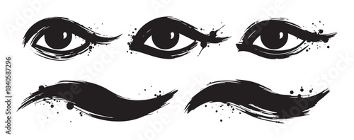 Stylized brushstroke eyes and artistic ink strokes create a dynamic and expressive graphic design element with a grunge aesthetic.