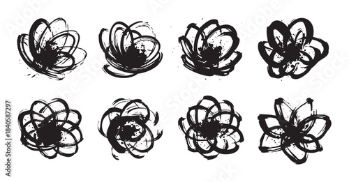 Abstract brush stroke floral designs form a collection of eight unique hand-drawn ink illustrations with a grunge texture, perfect for artistic projects.