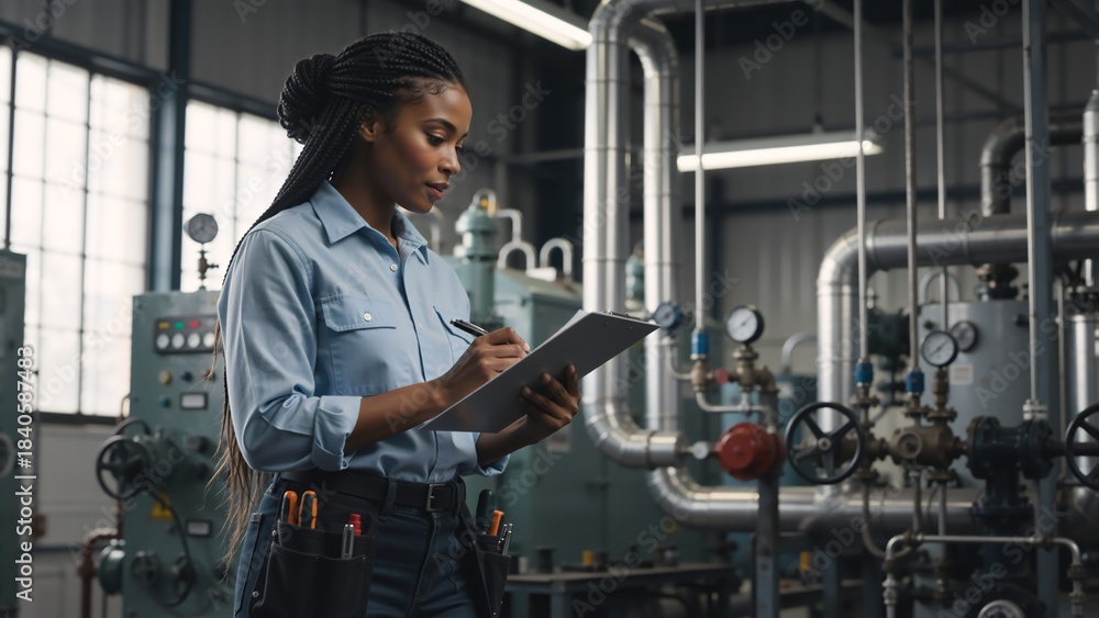 Fototapeta premium Female industrial engineer writing on a clipboard in a factory. Professional African American technician conducting a quality control inspection of machinery