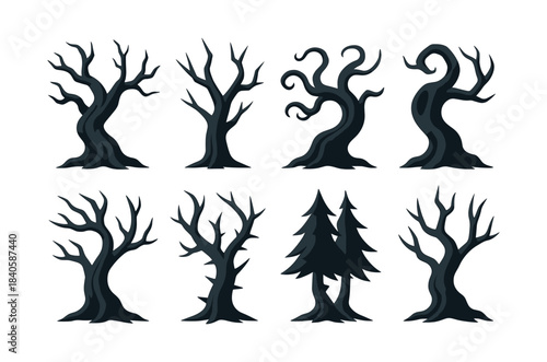Spooky tree collection, flat vector illustration, eerie, twisted, leafless designs