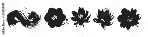Abstract ink brush strokes showcase a versatile collection of artistic floral designs and dynamic swirling grunge elements with expressive textures.