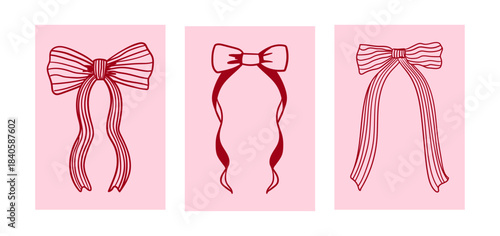 Set of posters with coquette hand drawn bows. Vector line illustration in vintage style. Elegant greeting cards
