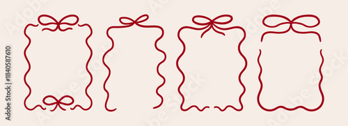 Set of hand drawn bow frames. Vector line illustration of wavy ribbons. Vintage coquette aesthetic. Holiday clipart for greeting cards, invitations, posters