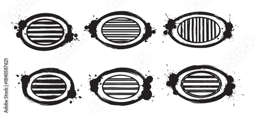 Grungy oval and circular badges with horizontal and vertical lines are depicted in a black and white vector illustration with ink splatters.