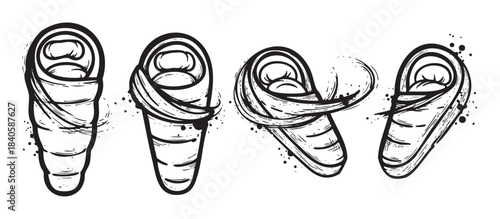 Four stylized sleeping bags for outdoor camping adventures, depicted in a dynamic black and white sketch style with ink splatters.