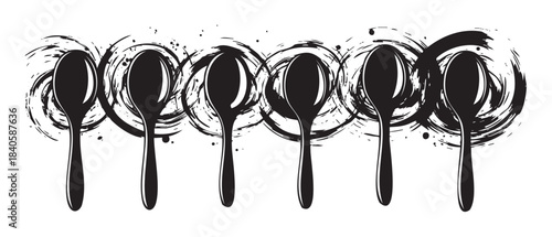 Six black spoon silhouettes with artistic brushstroke circles creating a dynamic and graphic culinary design element for food-related themes.