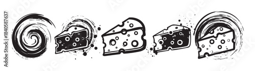 Three stylized cheese slices with holes are depicted in a graphic black and white grunge illustration with abstract brush strokes and splatters.