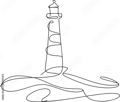 Continuous Line Art Illustration of a Tall Lighthouse Over Curvy Waves in Natural Sketch Contour