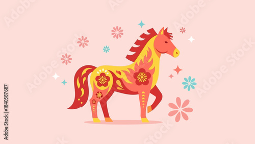 Festive Horse Illustration with Floral Accents for Lunar New Year.