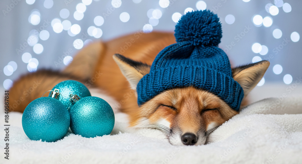 Fototapeta premium Close-up of sleeping red fox wearing blue knitted hat with ornaments on white soft blanket, representing relaxation and winter holidays spirit