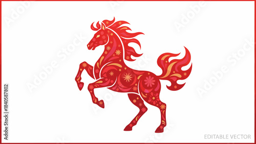Fiery Red Horse Illustration with Intricate Floral Patterns.