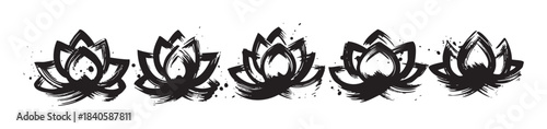 Five stylized lotus flowers are depicted in a row using a bold, artistic brushstroke technique, creating a serene and spiritual illustration.