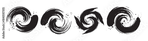 Four black artistic brushstroke spirals create a dynamic and expressive abstract design with textured ink splatters, offering a versatile element for creative projects.