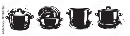 Cooking pots and kitchenware collection featuring a unique hand-drawn brushstroke style perfect for food-related graphics and culinary themes.
