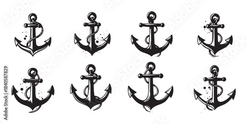 Eight black anchor illustrations with various nautical designs and textures, creating a versatile collection of maritime symbols for ocean-themed projects and graphic design.