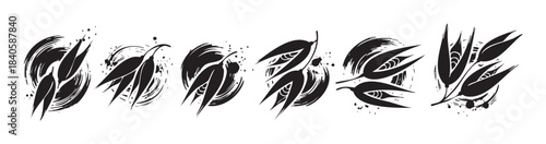 Stylized leaves and abstract ink brushstroke illustrations create a modern artistic design with graphic elements and expressive textures.