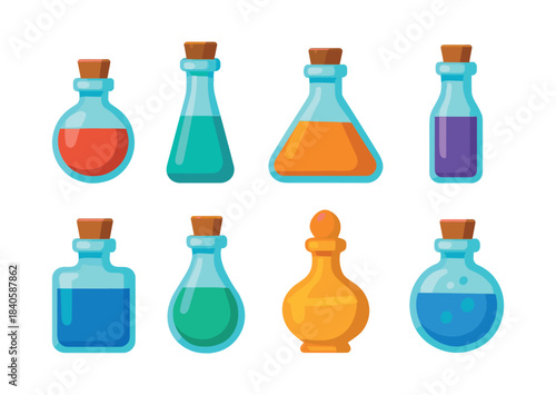 Science laboratory bottles, flat vector illustration, glassware, colorful potion