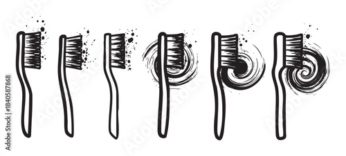 Six hand-drawn grunge toothbrushes with artistic splatter and swirl effects showcasing various styles for dental hygiene and oral care concepts.