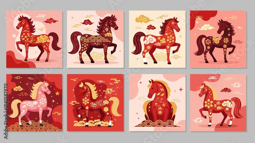 Illustrations of Horses in Various Artistic Styles and Colors.