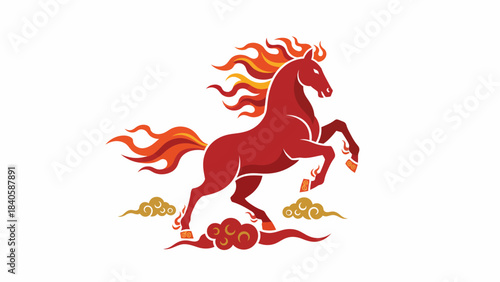 Majestic Red Horse with Fiery Mane and Tail Leaping Forward.