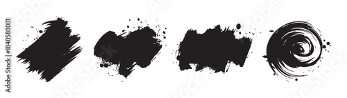 Four distinct black ink brush strokes create a versatile collection of grunge elements for artistic design projects and creative graphic compositions.