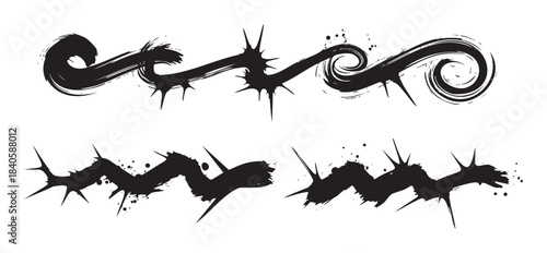 Abstract thorny brush strokes create a dynamic grunge art design element with sharp spikes and expressive ink splatters, perfect for edgy graphic projects.