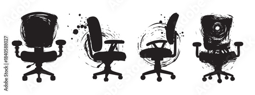 Four stylized office chairs with artistic grunge texture showcasing modern furniture design with a creative, hand-drawn aesthetic.