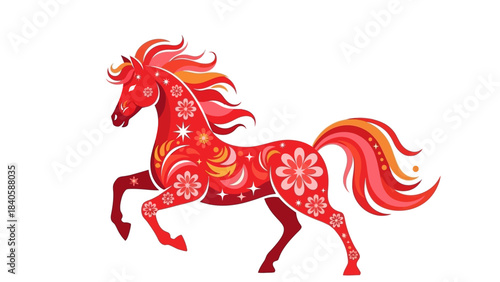 Vibrant Red Horse Illustration with Floral Ornamentation and Dynamic Pose.