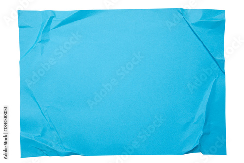 Blue paper wrinkled poster templates, blank paper sheet. Blue paper isolated on transparent background.