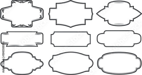 Set of nine ornate vintage label frames and decorative badges in thin outline vector style, perfect for retro packaging, typography, certificate, and elegant design element borders.