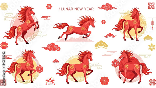 Vibrant Red Horse Illustrations for Lunar New Year Celebrations.