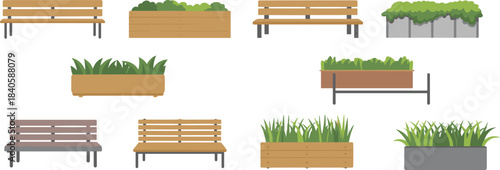 Bench and planter illustration set, diverse outdoor seating and greenery designs, vector urban landscape elements for public space graphics