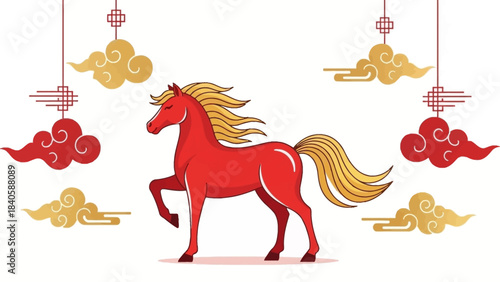 Vibrant Red Horse with Golden Mane and Tail in Festive Setting.