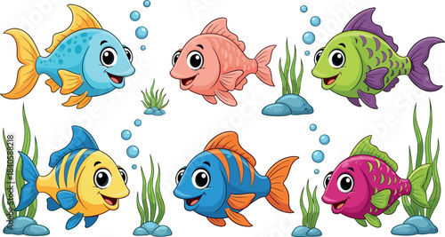 Set of six colorful cartoon fish swimming underwater among seaweed and bubbles, happy aquatic animal characters vector illustration for kids, aquarium, and marine life designs.