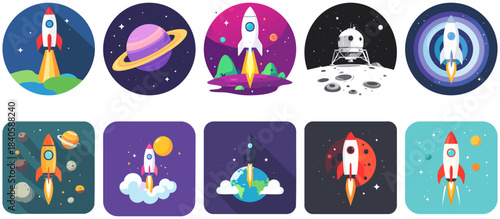 A collection of ten vibrant flat design illustrations featuring rockets, planets, and space exploration themes, including launches from Earth, alien landscapes, and lunar modules.