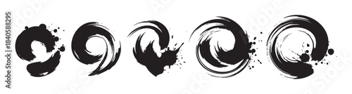 Abstract black ink brushstroke circles and spirals with expressive textures and splatters, ideal for modern graphic design elements.