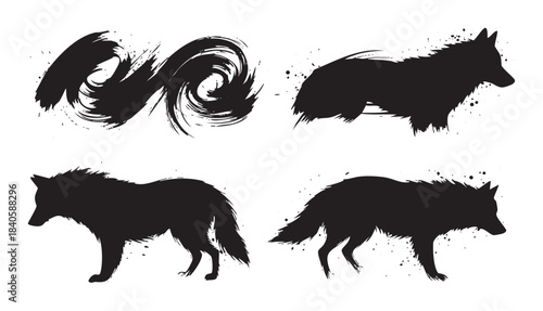 Wild wolf silhouettes and abstract brush strokes combine in a dynamic grunge style illustration, evoking strength, freedom, and artistic expression.