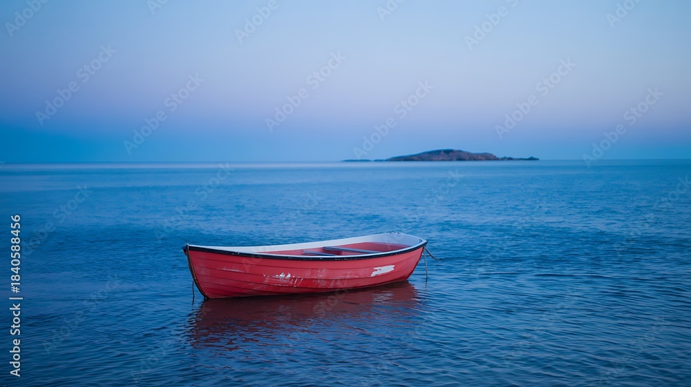 Naklejka premium A lone vibrant red rowboat gently floats on tranquil water under a dusky blue and purple sky with a distant island at the horizon.