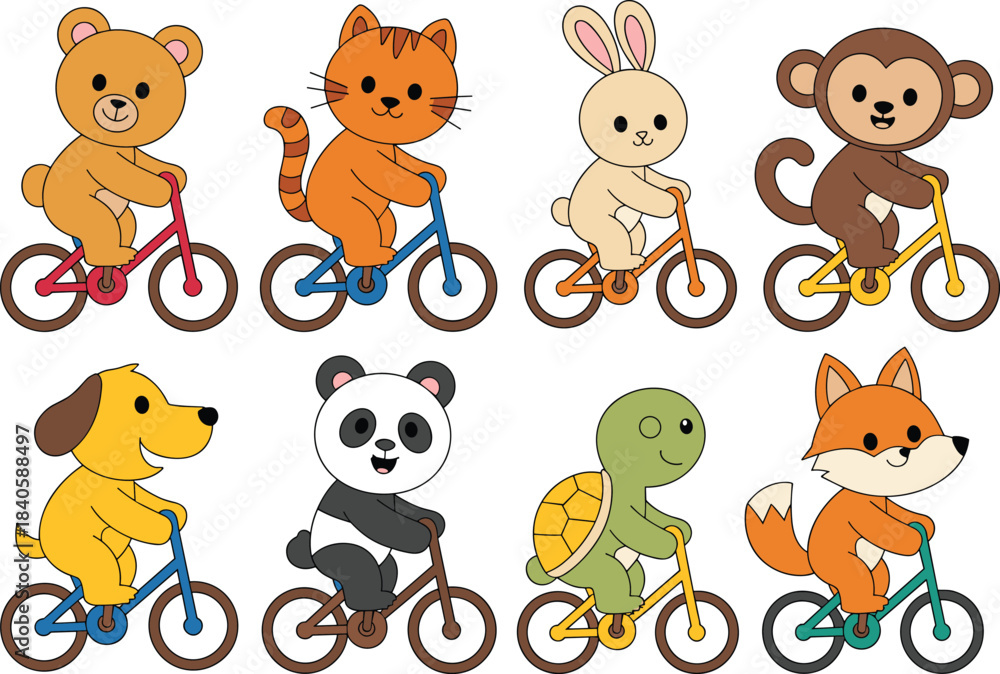 Naklejka premium Cute cartoon animals riding bicycles, adorable characters on bikes, playful children’s illustration, fun cycling theme, animal friends vector art
