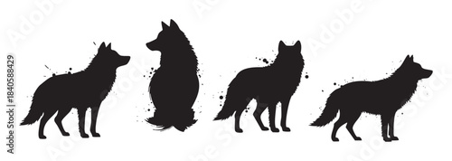 Four majestic wolf silhouettes stand in various poses, showcasing their wild and powerful nature with an artistic, grunge-inspired texture.