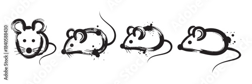 Four stylized black ink brush stroke mice are playfully illustrated in a row, featuring distinctive artistic textures and charming, expressive forms.