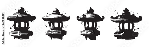 Japanese stone lanterns are depicted in a traditional ink brush style, showcasing various designs of these iconic garden ornaments with artistic flair.