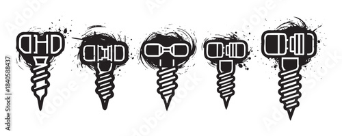 Five abstract screws with unique heads are depicted in a grunge ink splash style, showcasing various industrial and mechanical design elements for construction.