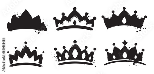 Six different grunge style crown designs with a hand-drawn, brushstroke effect, perfect for adding a touch of royalty or punk aesthetic to various creative projects.